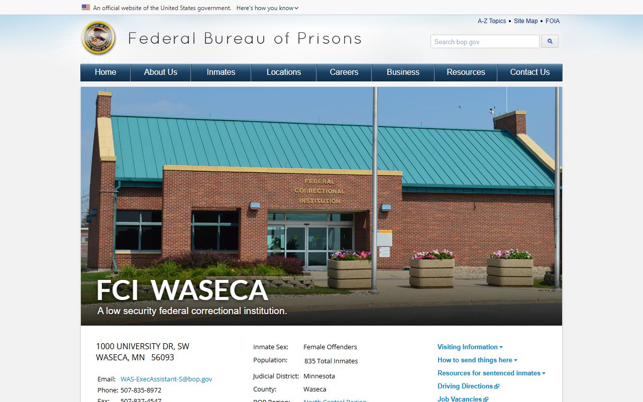Official BOP page for Federal Correctional Institution Waseca